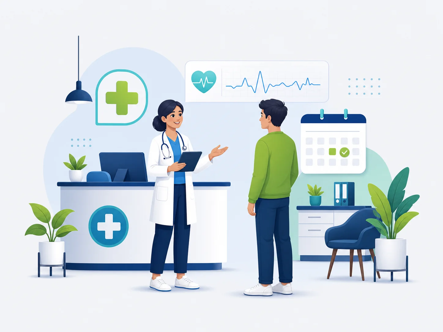 Clinician welcoming a patient in a modern clinic